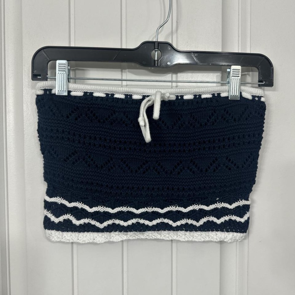 Navy blue and white Hollister crochet sailor nautical chic tube top. Small